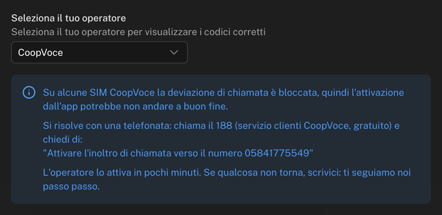 Avviso dell'operatore CoopVoce con le istruzioni per attivare l'inoltro chiamando il 188
