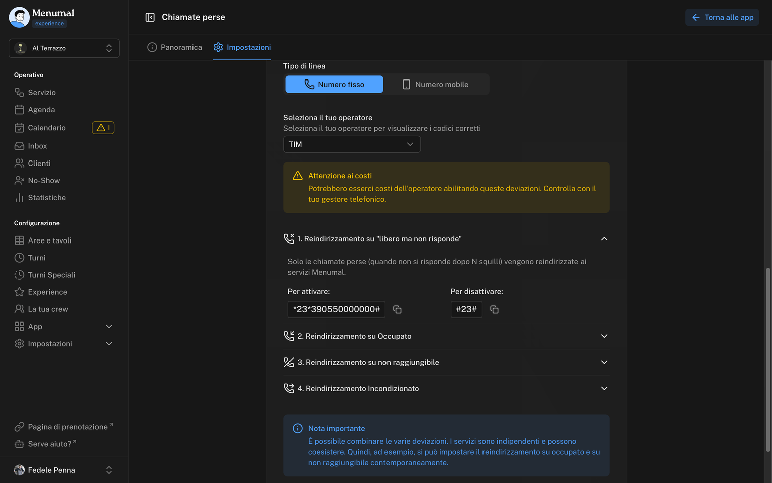 Selezione tipo di linea e operatore, avviso sui costi e le quattro modalità di reindirizzamento con i codici da comporre