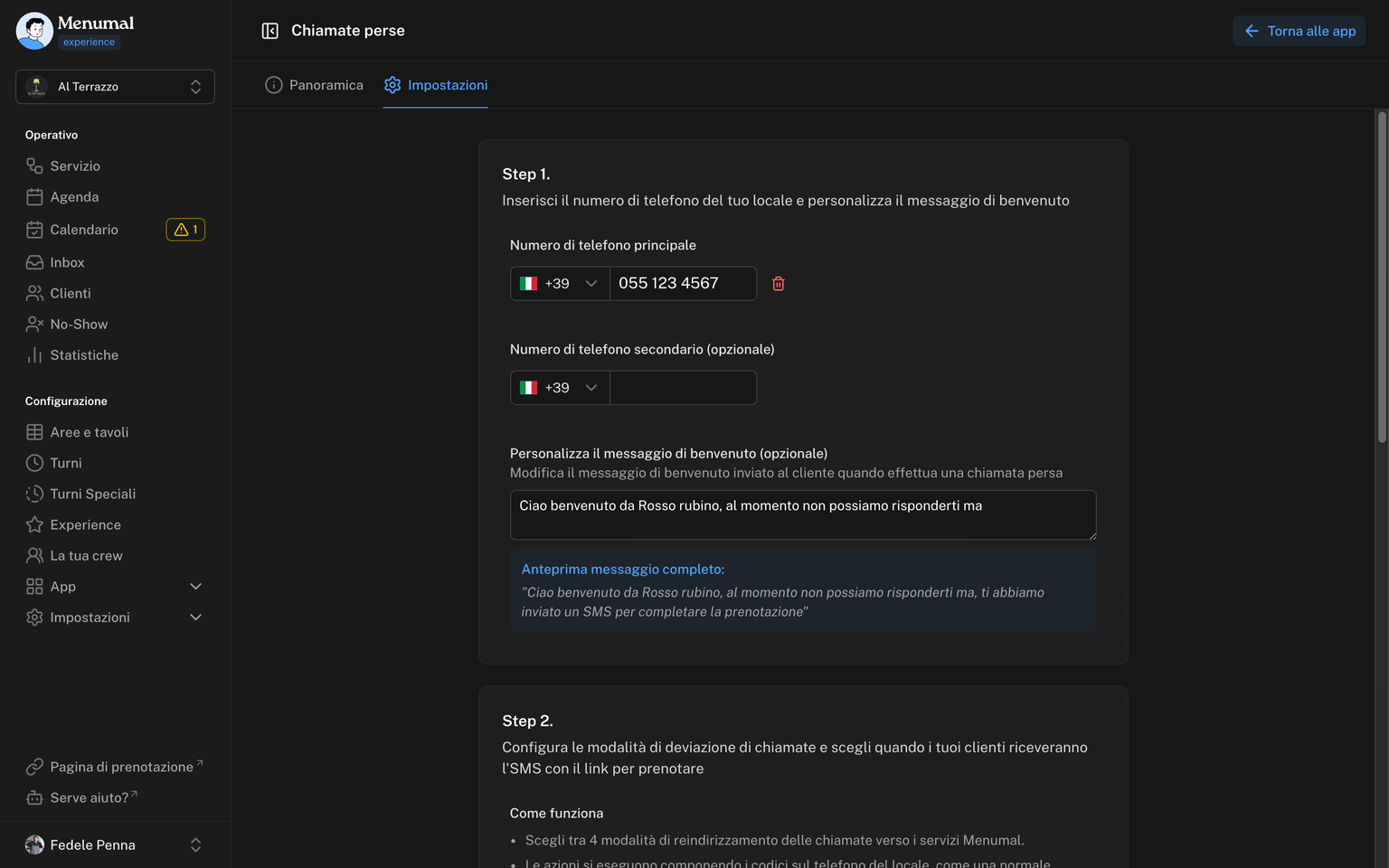 Step 1 con numero di telefono principale, numero secondario e personalizzazione del messaggio di benvenuto