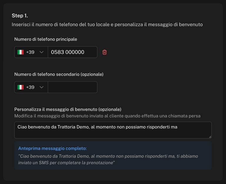 Riquadro Step 1 con numero di telefono principale, numero secondario, messaggio di benvenuto e anteprima del messaggio completo