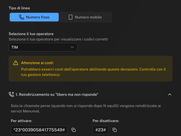 Step 2 con tipo di linea, operatore selezionato, avviso Attenzione ai costi e le modalità di deviazione aperte con i codici Per attivare e Per disattivare