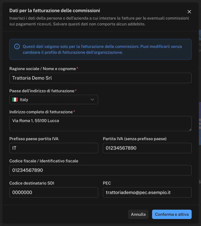 Finestra Dati per la fatturazione delle commissioni con ragione sociale, paese, indirizzo, partita IVA, codice fiscale, codice SDI e PEC