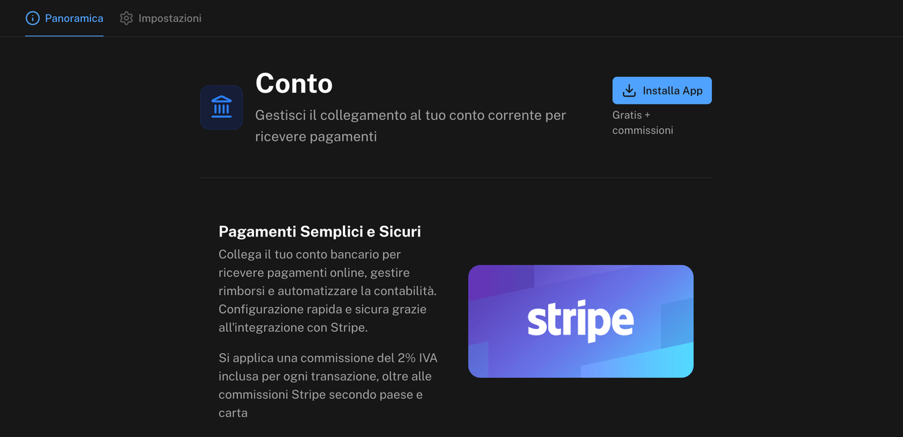 Panoramica dell'app Conto con il pulsante Installa App e la nota sulla commissione per transazione