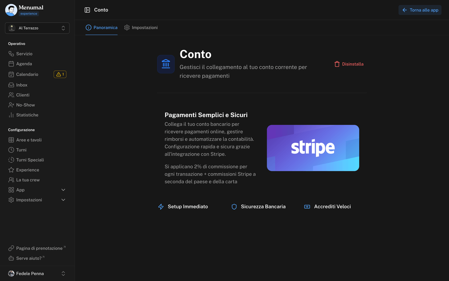 Panoramica dell'app Conto con la nota sulle commissioni