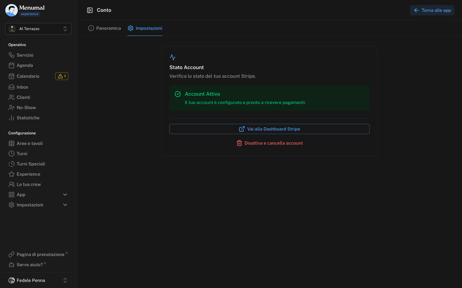 Scheda Impostazioni con lo stato Account Attivo, il collegamento alla dashboard Stripe e la disattivazione