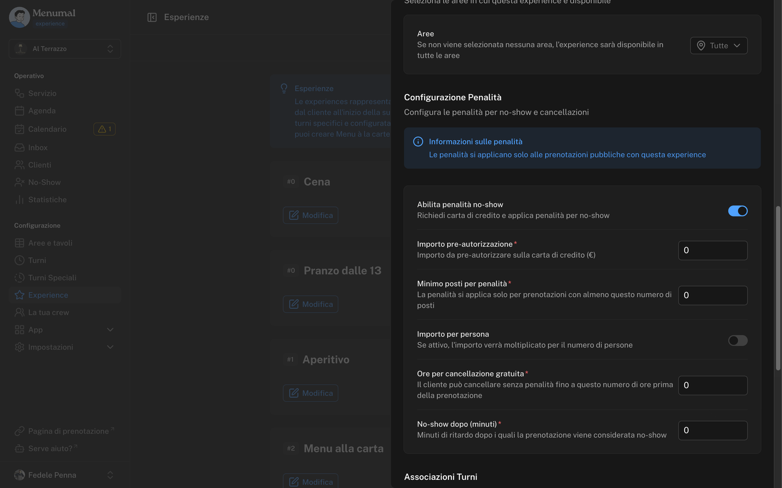 Sezione Configurazione Penalità di una experience con il toggle attivo e i campi importo di pre-autorizzazione, minimo posti, importo per persona e ore per cancellazione gratuita