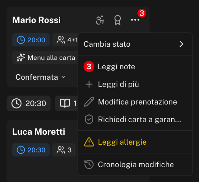 Menu della card di una prenotazione con la voce Richiedi carta a garanzia