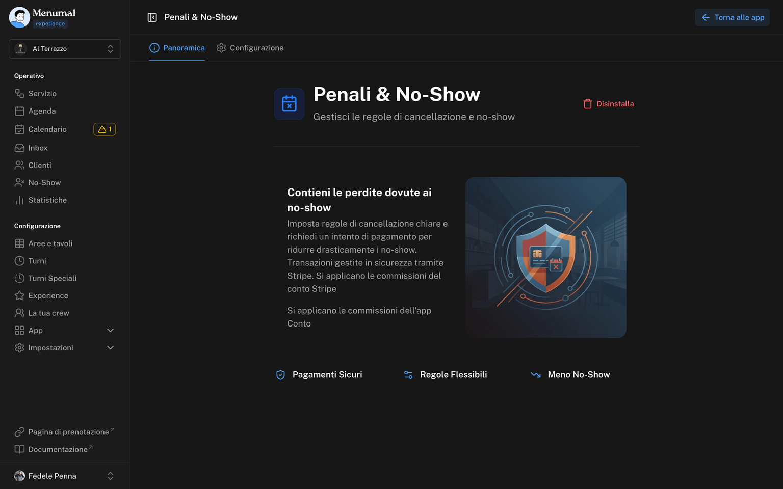 Pagina dell'app Penali e No-Show con la panoramica del servizio
