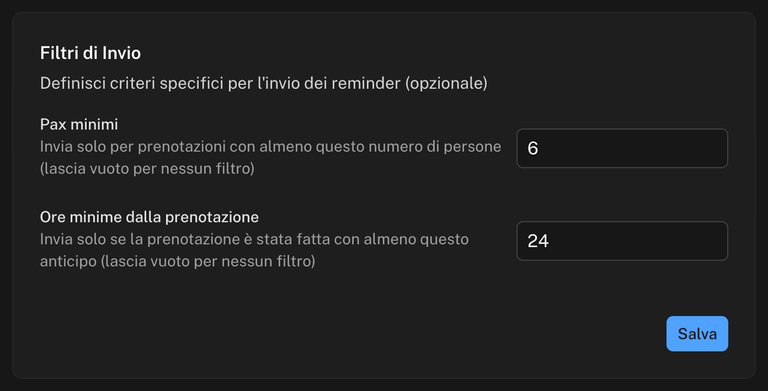 Sezione Filtri di Invio con i campi Pax minimi e Ore minime dalla prenotazione