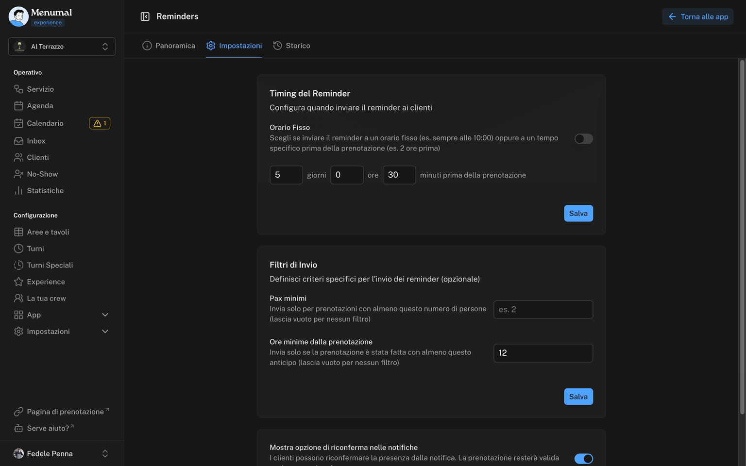 Impostazioni Reminders con la sezione Timing del Reminder e i filtri di invio