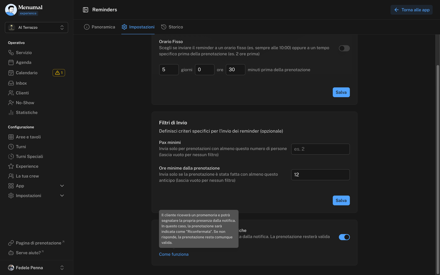 Sezione Mostra opzione di riconferma nelle notifiche con il tooltip che spiega il funzionamento
