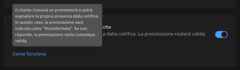 Interruttore Mostra opzione di riconferma nelle notifiche acceso, con il riquadro di spiegazione di Come funziona aperto sopra l'etichetta