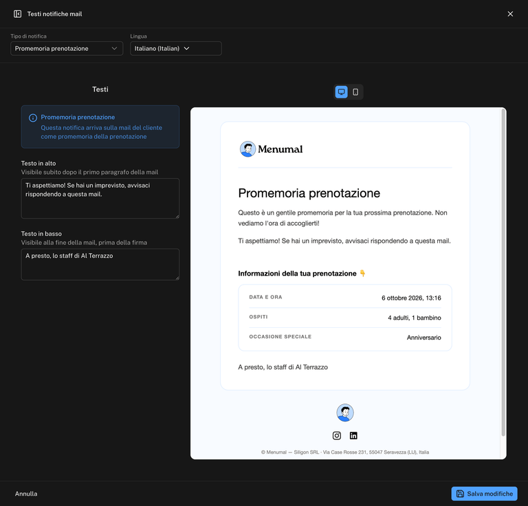 Pagina Testi notifiche mail con il tipo Promemoria prenotazione e la lingua Italiano, i campi Testo in alto e Testo in basso a sinistra e l'anteprima della mail a destra