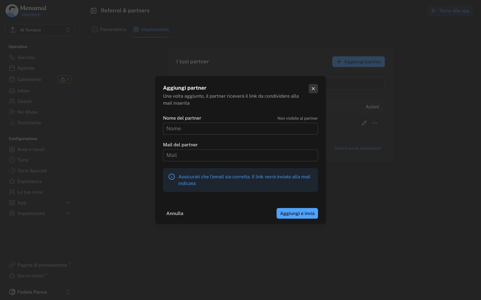 Modal di invito con nome del partner e indirizzo email