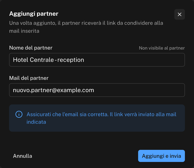 Finestra Aggiungi partner con nome del partner e mail del partner