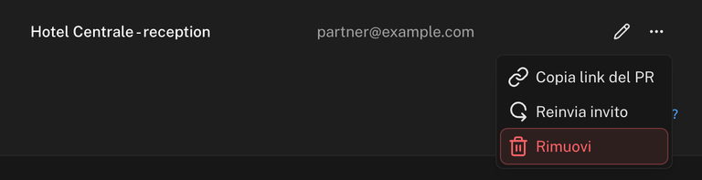 Menu di un partner con le voci Copia link del PR, Reinvia invito e Rimuovi