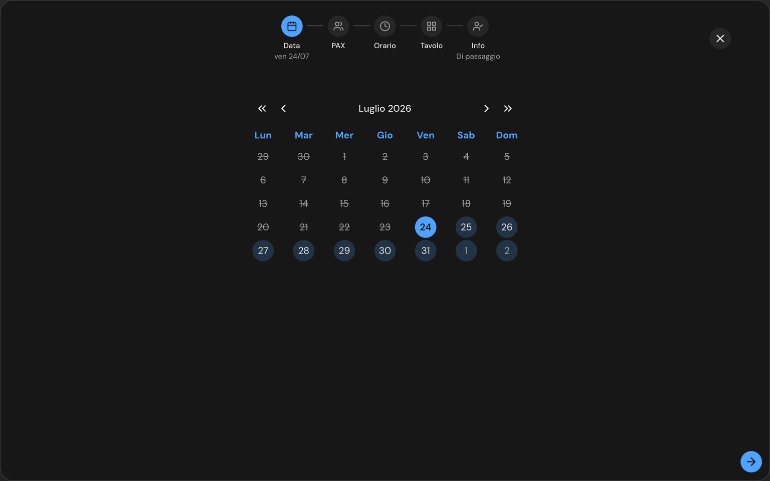 Screenshot: wizard Nuova prenotazione sul passo Data, con il calendario mensile e la data odierna preselezionata