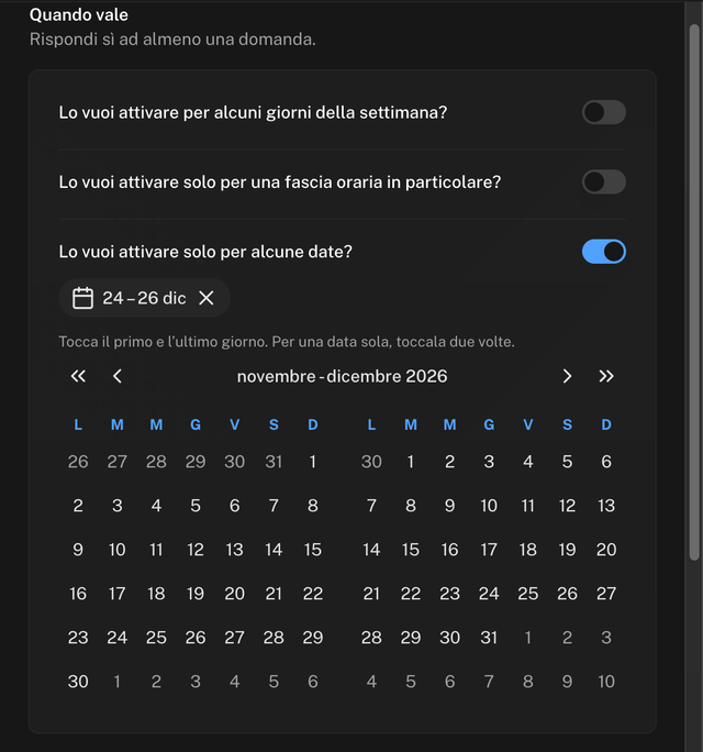 Calendario del periodo con l'etichetta 24–26 dic già scelta e il calendario aperto per aggiungere altre date