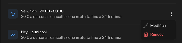 Menu di un periodo con le voci Modifica e Rimuovi