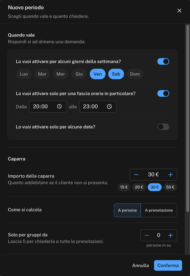 Finestra Nuovo periodo con venerdì e sabato selezionati, fascia oraria dalle 20:00 alle 23:00 e caparra di 30 euro a persona