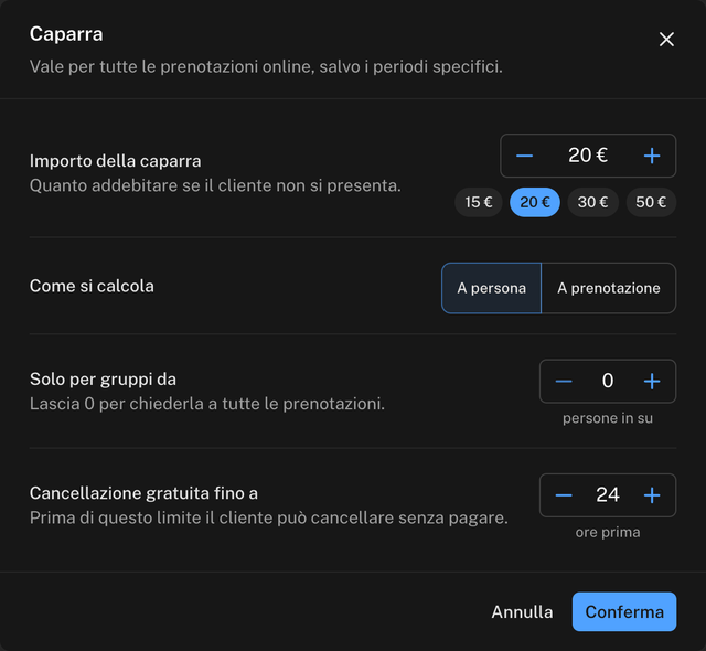 Finestra Caparra con importo di 20 euro, calcolo a persona, soglia per i gruppi e cancellazione gratuita fino a 24 ore prima