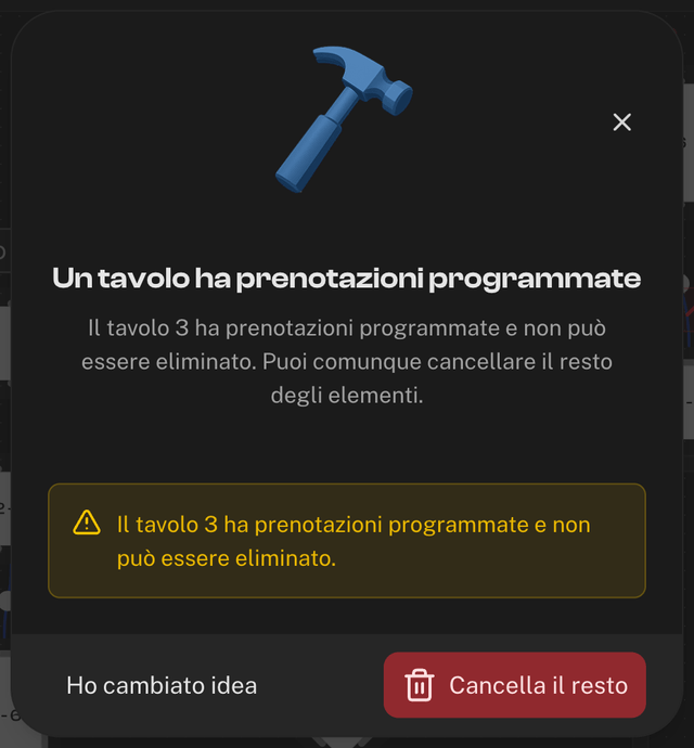 Finestra Un tavolo ha prenotazioni programmate con i pulsanti Ho cambiato idea e Cancella il resto