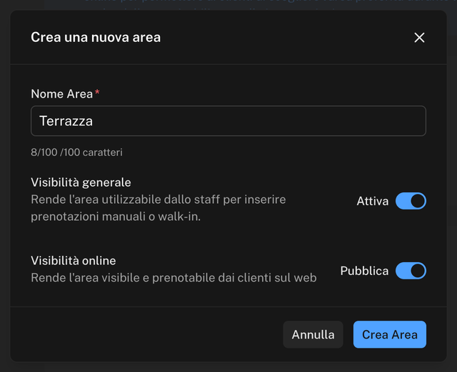 Finestra Crea una nuova area con il nome, la visibilità generale Attiva e la visibilità online Pubblica