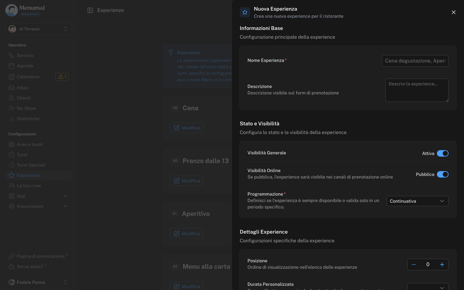Drawer di creazione nuova experience con le sezioni Informazioni Base, Stato e Visibilità, Dettagli, Aree e Turni