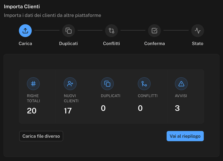 Passaggio Carica con la piattaforma di origine Superb, il file CSV caricato, i contatori e l'anteprima delle prime righe