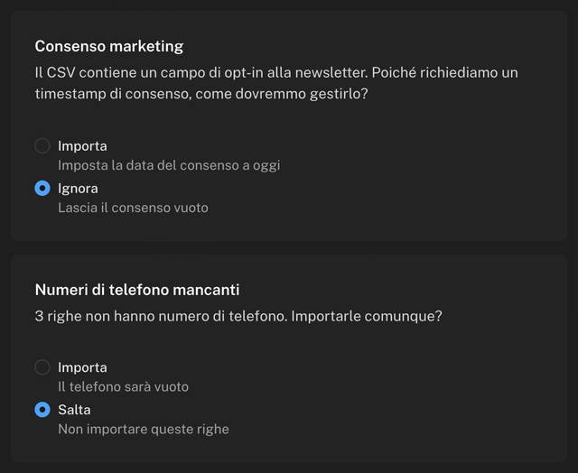 Riquadri Consenso marketing e Numeri di telefono mancanti del passaggio Conferma con le scelte Importa, Ignora e Salta