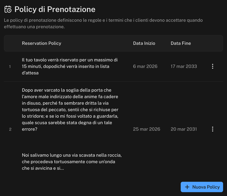 Tabella delle policy di prenotazione con il testo, la data di inizio e la data di fine e il pulsante Nuova Policy