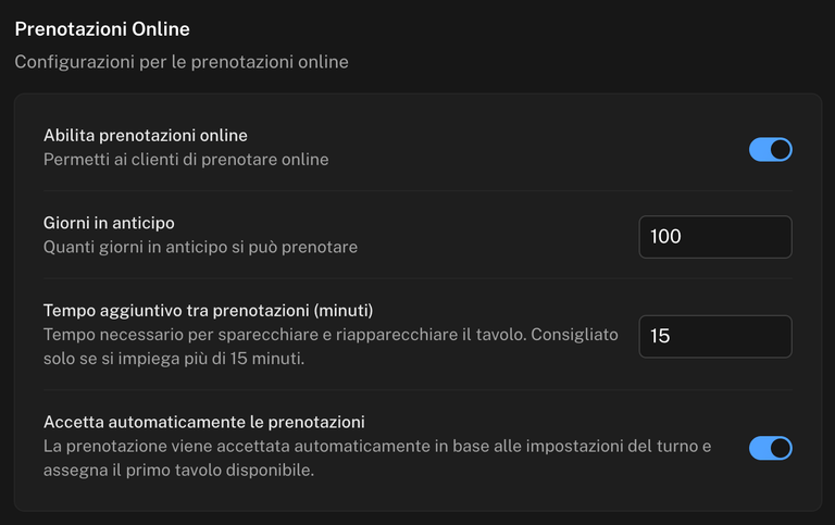 Sezione Prenotazioni Online con gli interruttori Abilita prenotazioni online e Accetta automaticamente le prenotazioni, i giorni in anticipo e il tempo aggiuntivo