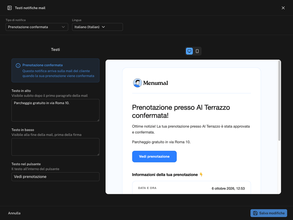 Pagina Testi notifiche mail con il tipo di notifica, la lingua, i campi Testo in alto e Testo in basso e l'anteprima della mail