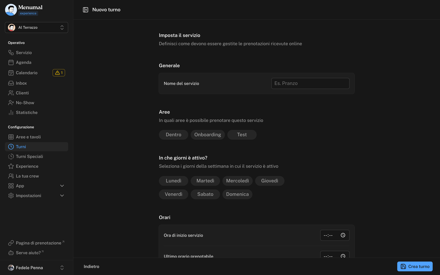 Screenshot: Form di creazione nuovo turno con tutti i campi compilati