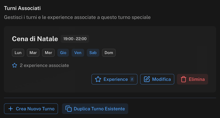 Pagina di dettaglio del turno speciale con la sezione Turni Associati, una card di turno con i pulsanti Experience, Modifica ed Elimina e i pulsanti Crea Nuovo Turno e Duplica Turno Esistente