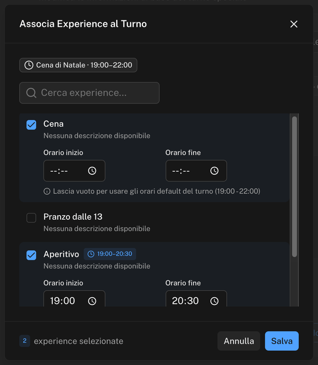 Finestra Associa Experience al Turno con due experience selezionate e gli orari personalizzati opzionali