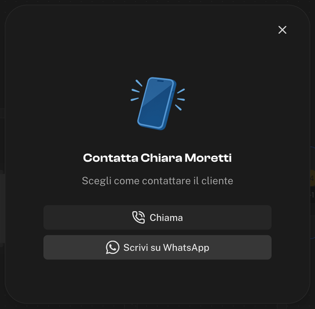 Finestra Contatta con i pulsanti Chiama e Scrivi su WhatsApp