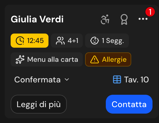 Card di una prenotazione espansa con nome del cliente, orario, ospiti, experience, badge Allergie, stato Confermata, tavolo e i pulsanti Leggi di più e Contatta