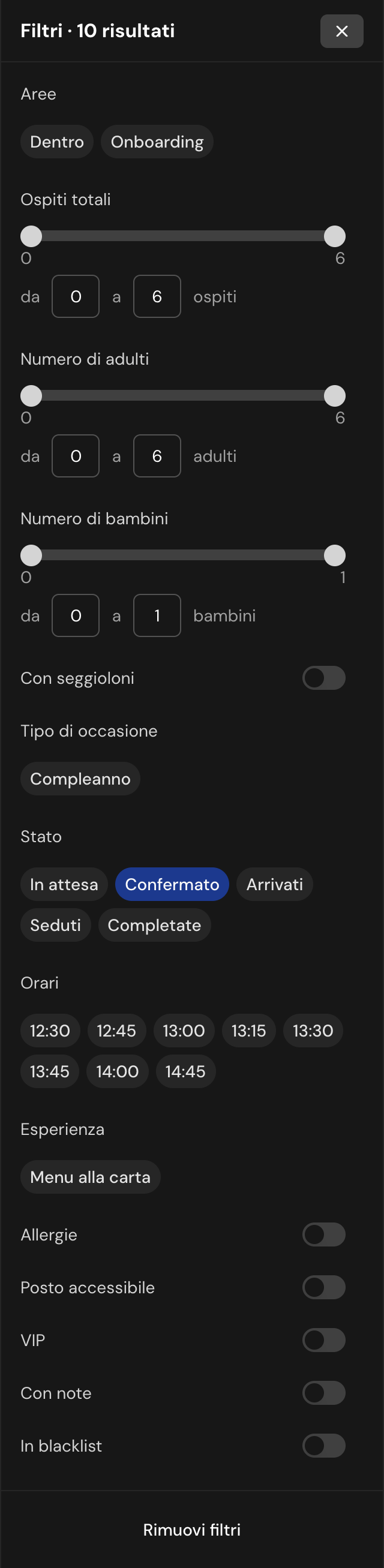 Pannello Filtri con aree, cursori per ospiti totali, adulti e bambini, interruttore Con seggioloni, chip degli stati e degli orari