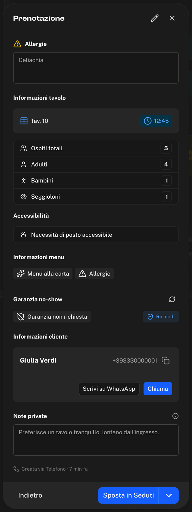 Finestra Prenotazione con allergie, informazioni tavolo, informazioni menu, scheda cliente, note e il pulsante Sposta in Seduti