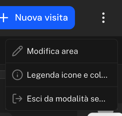 Menu con tre puntini aperto con le voci Modifica area, Legenda icone e colori ed Esci da modalità servizio