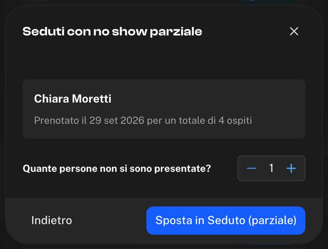 Finestra Quante persone non si sono presentate con il selettore del numero e il pulsante Sposta in Seduto parziale