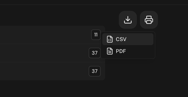 Menu del pulsante di download con le scelte CSV e PDF