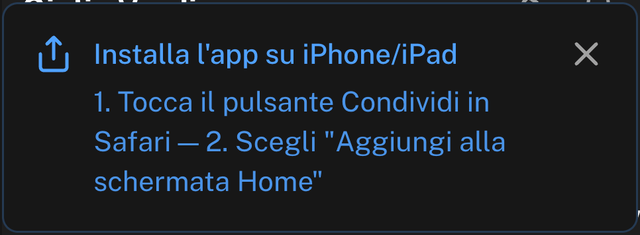 Riquadro Installa l'app su iPhone/iPad con le istruzioni: tocca il pulsante Condividi in Safari, poi scegli Aggiungi alla schermata Home
