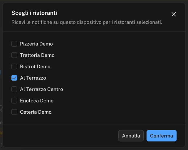 Finestra Scegli i ristoranti con l'elenco dei ristoranti e le caselle di selezione, con Al Terrazzo selezionato, e i pulsanti Annulla e Conferma
