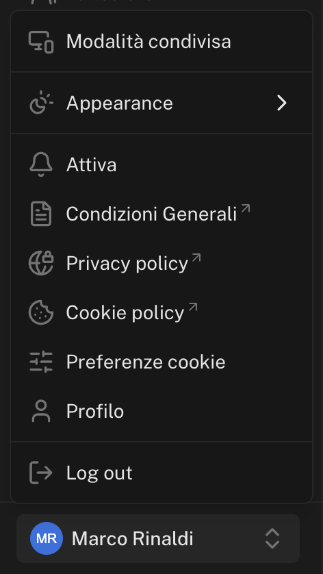 Menu utente aperto con la voce Attiva, con l'icona della campanella, per le notifiche push