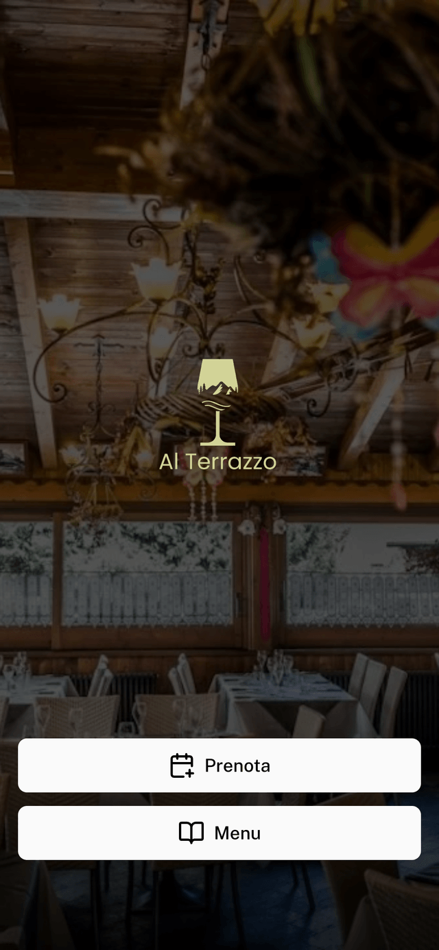 Pagina di prenotazione su telefono, con il logo e la foto del ristorante e i pulsanti Prenota e Menu