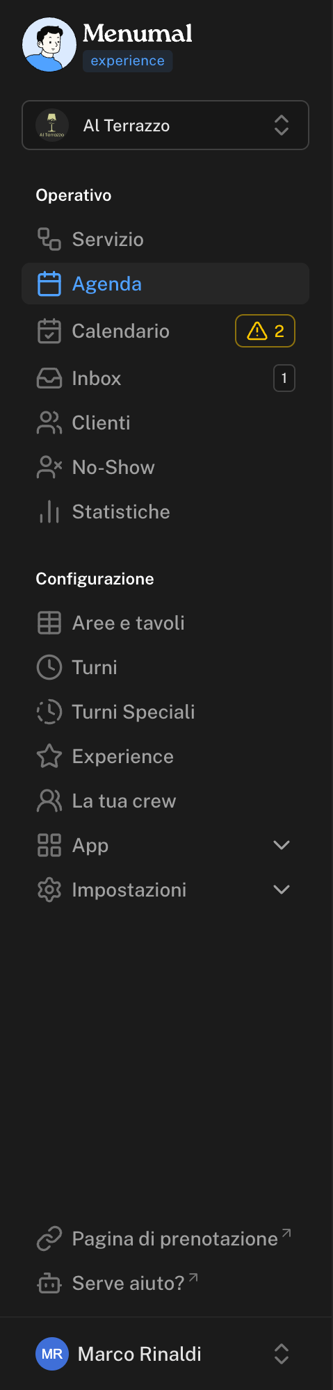 Menu laterale con il selettore del ristorante in alto, le sezioni Operativo e Configurazione, con i badge su Calendario e Inbox, i link Pagina di prenotazione e Serve aiuto? e il tuo nome in fondo