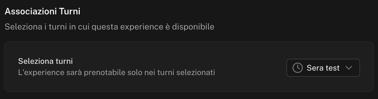 Sezione Associazioni Turni con il menu Seleziona turni e il turno Sera test selezionato