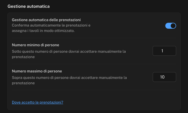 Sezione Gestione automatica del turno con l'interruttore Gestione automatica delle prenotazioni e i campi Numero minimo di persone e Numero massimo di persone